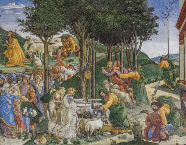 Sandro Botticelli: Sikstinska kapela – Dogodki iz Mojzesovega življenja (Mojzesovo sojenje), freska, 1481−1482.