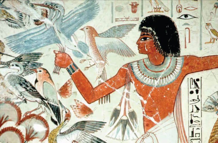 Egipčanski računovodja in pisar Nebamun lovi ptice. Ok. 1400 pr. n. št.