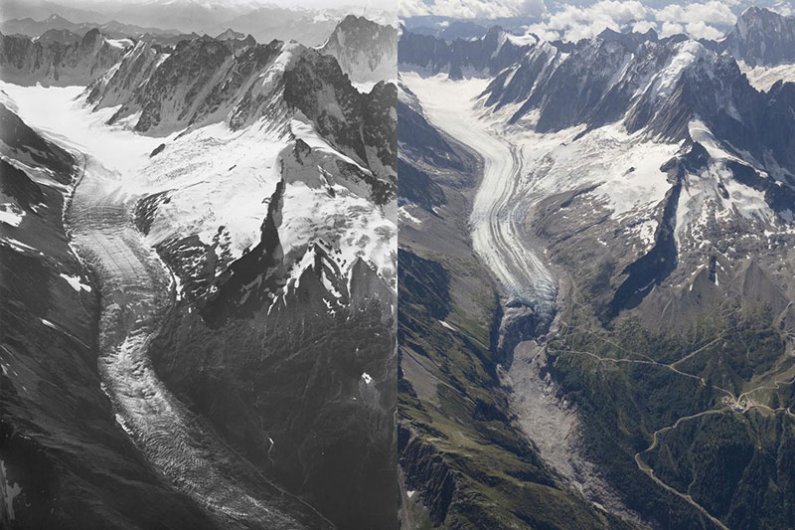 Ledenik Argentière se je od leta 1870 skrčil za 1150 metrov dolžine. Na fotografiji levo leta 1919, desno pa, kako je izgledal lani.